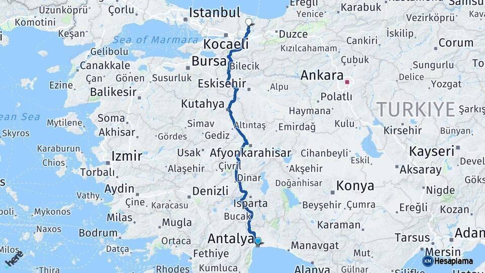 Antalya Ferizli Sakarya Arası Kaç Km - Yol Haritası