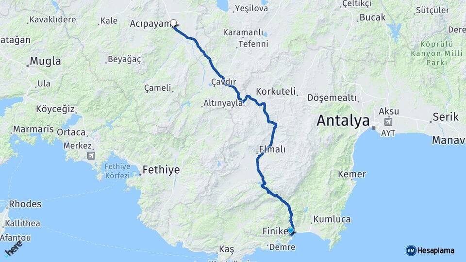 Antalya Finike Acıpayam Denizli Arası Kaç Km - Yol Haritası