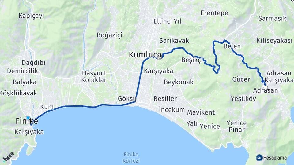 Antalya Finike Adrasan Kumluca Arası Kaç Km - Yol Haritası