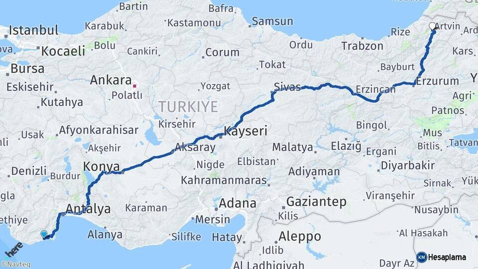 Antalya Finike Artvin Arası Kaç Km - Yol Haritası