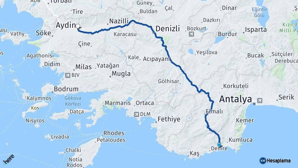 Antalya Finike Aydın Arası Kaç Km - Yol Haritası