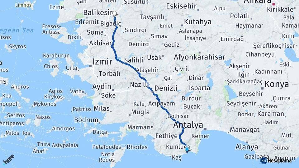 Antalya Finike Balıkesir Arası Kaç Km - Yol Haritası