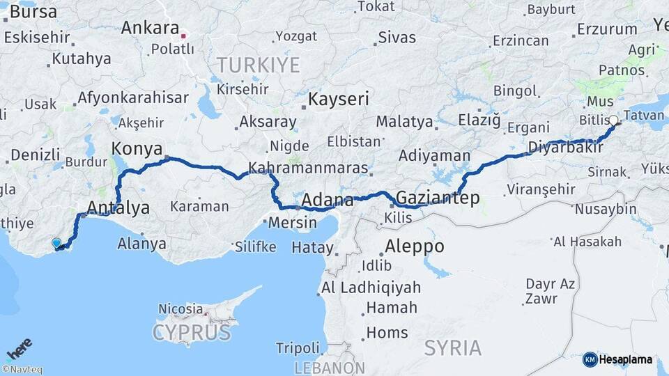 Antalya Finike Bitlis Arası Kaç Km - Yol Haritası