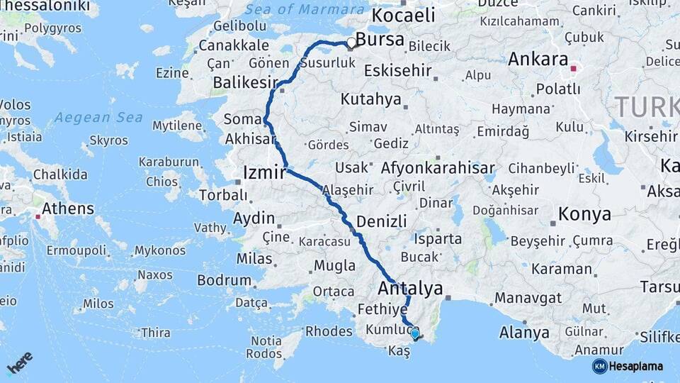 Antalya Finike Bursa Arası Kaç Km - Yol Haritası