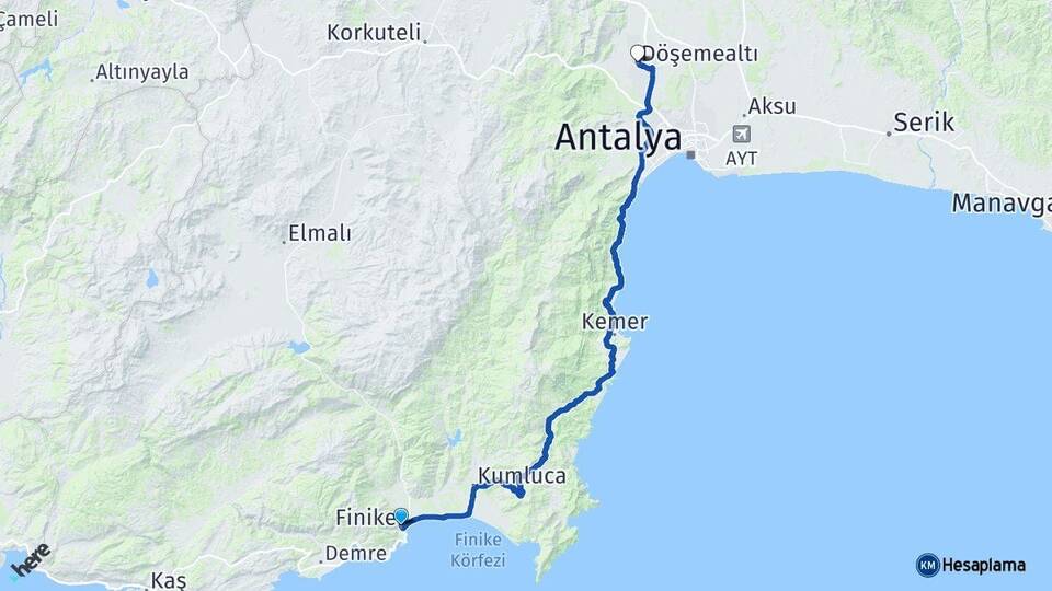 Antalya Finike Döşemealtı Arası Kaç Km - Yol Haritası