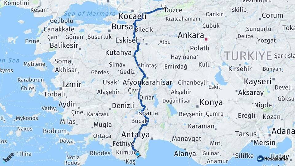 Antalya Finike Düzce Arası Kaç Km - Yol Haritası