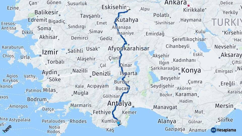 Antalya Finike Eskişehir Arası Kaç Km - Yol Haritası