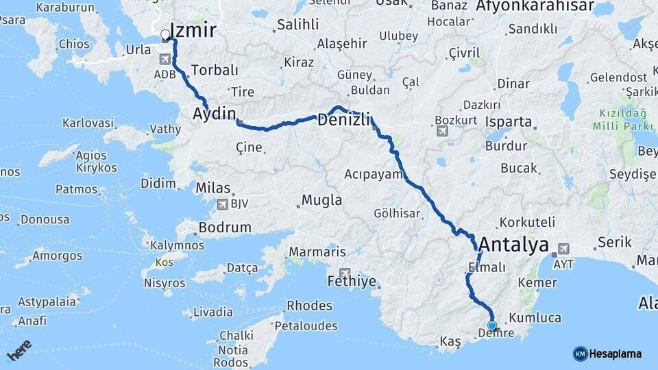 Antalya Finike İzmir Arası Kaç Km - Yol Haritası