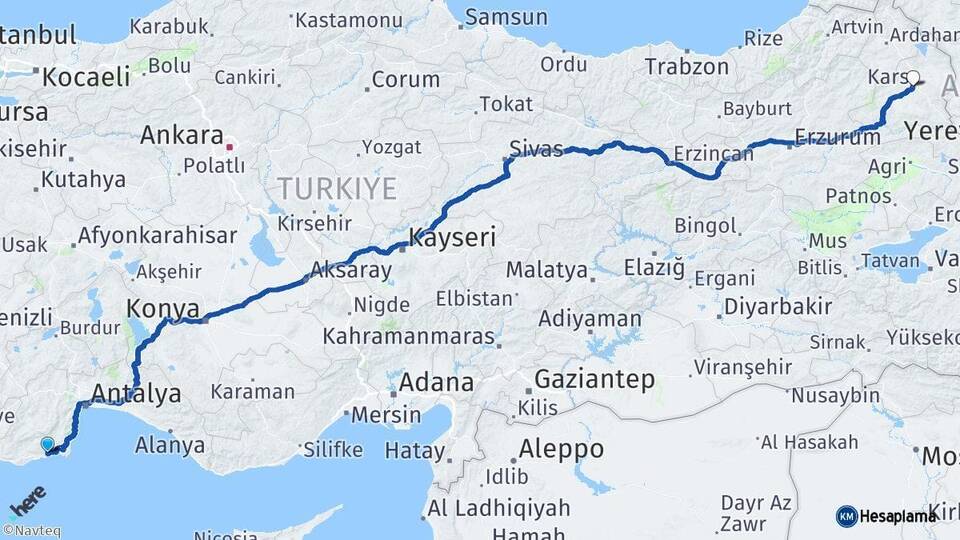 Antalya Finike Kars Arası Kaç Km - Yol Haritası