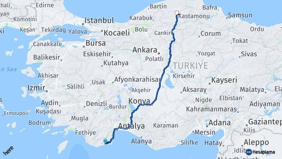Antalya Finike Kastamonu Arası Kaç Km - Yol Haritası