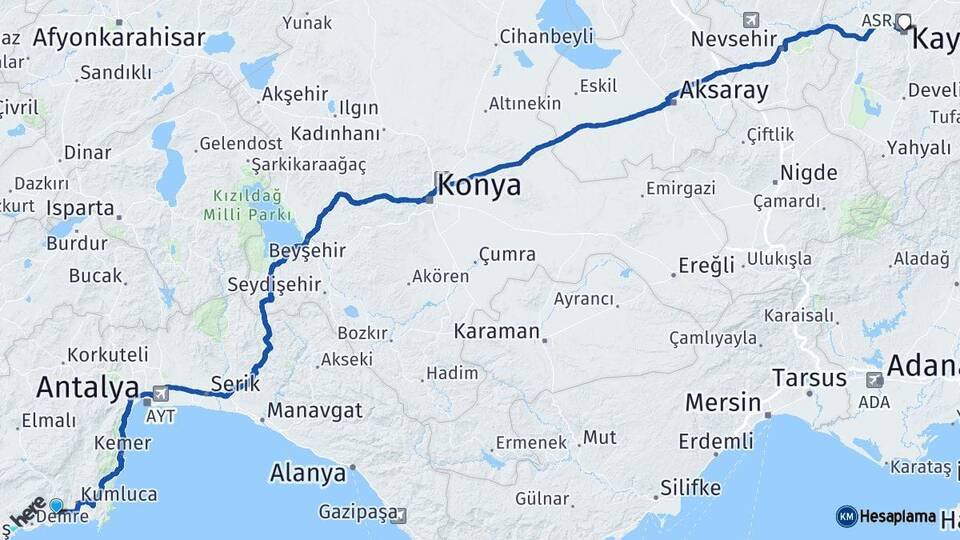 Antalya Finike Kayseri Arası Kaç Km - Yol Haritası
