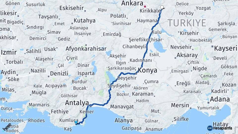 Antalya Finike Kırıkkale Arası Kaç Km - Yol Haritası
