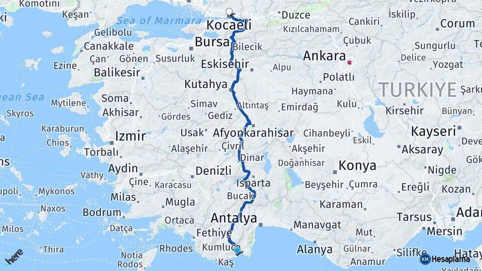 Antalya Finike Kocaeli Arası Kaç Km - Yol Haritası