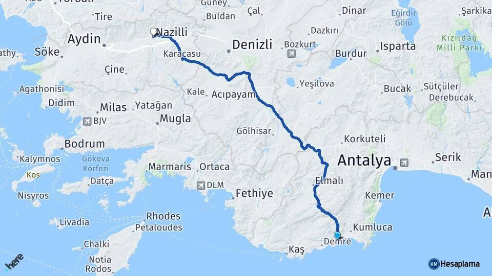 Antalya Finike Nazilli Aydın Arası Kaç Km - Yol Haritası