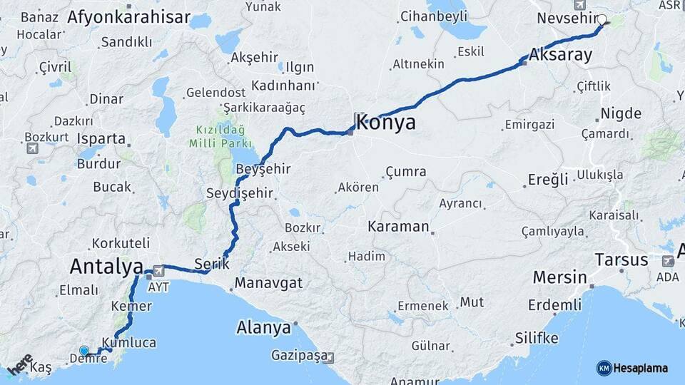 Antalya Finike Nevşehir Arası Kaç Km - Yol Haritası