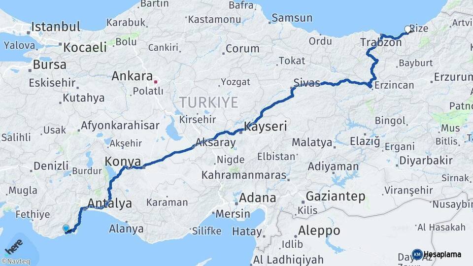 Antalya Finike Rize Arası Kaç Km - Yol Haritası