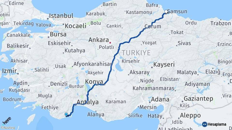 Antalya Finike Samsun Arası Kaç Km - Yol Haritası
