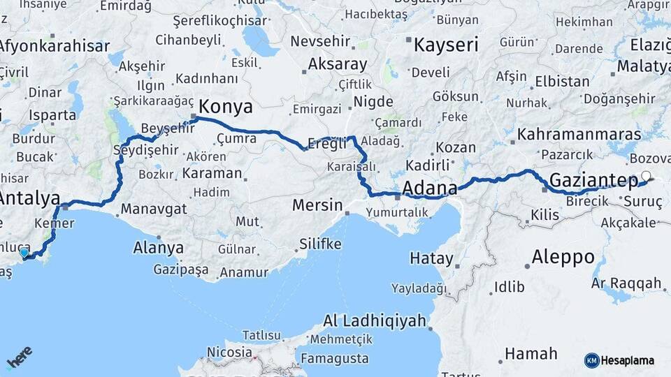 Antalya Finike Şanlıurfa Arası Kaç Km - Yol Haritası