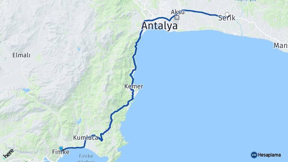 Antalya Finike Serik Arası Kaç Km - Yol Haritası