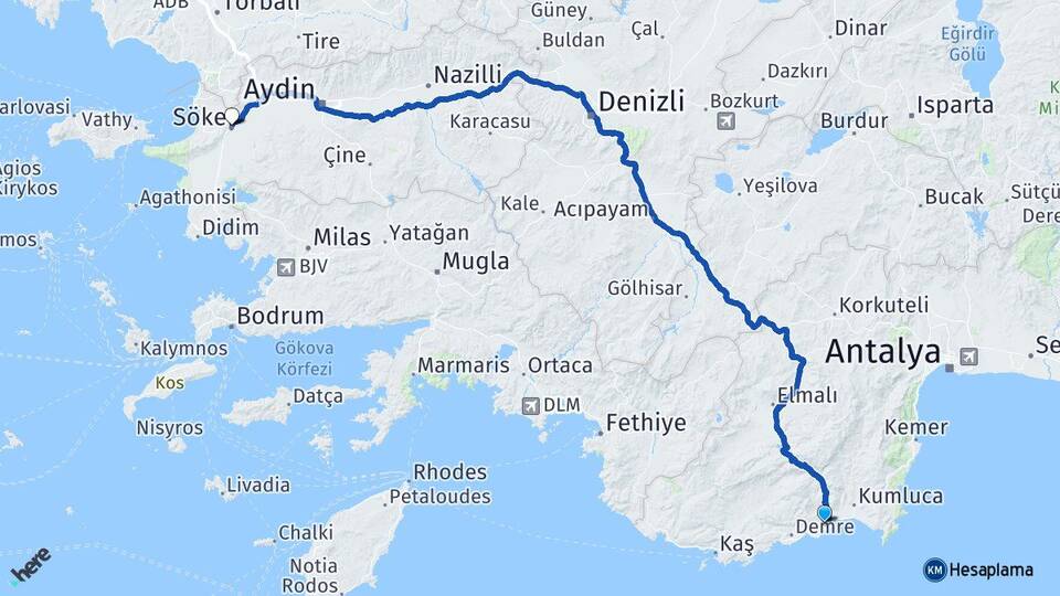 Antalya Finike Söke Aydın Arası Kaç Km - Yol Haritası
