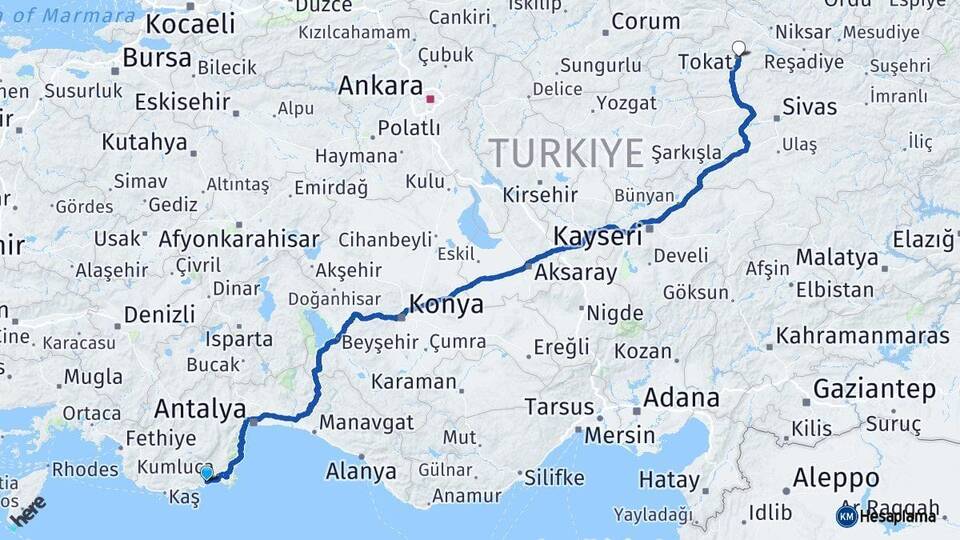Antalya Finike Tokat Arası Kaç Km - Yol Haritası