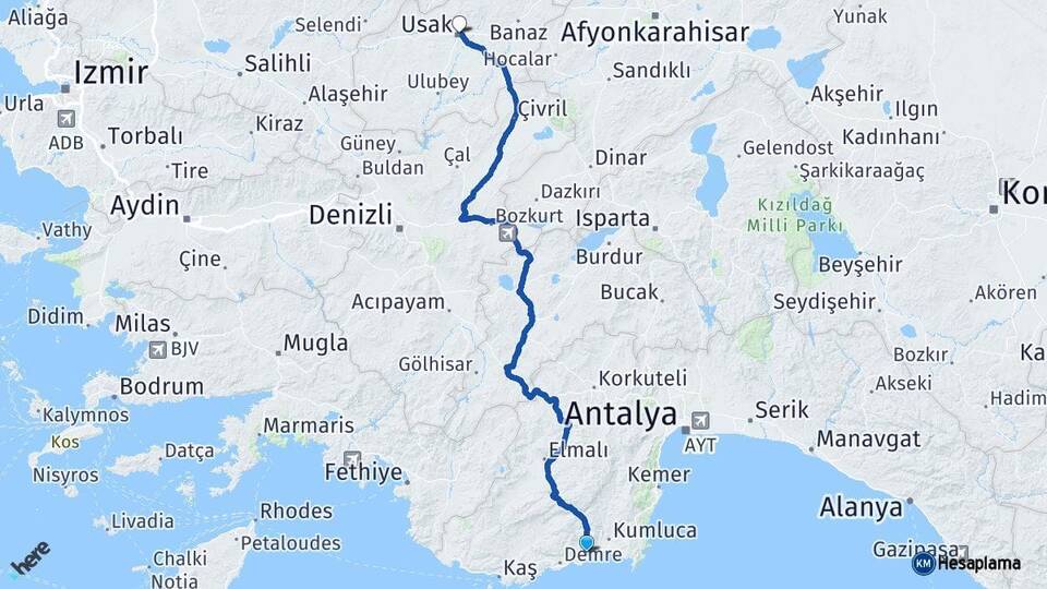 Antalya Finike Uşak Arası Kaç Km - Yol Haritası