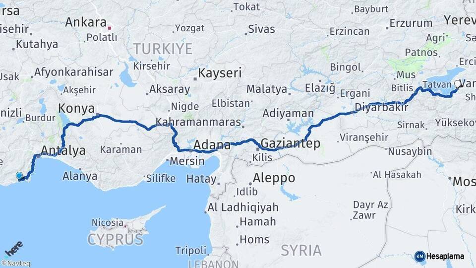 Antalya Finike Van Arası Kaç Km - Yol Haritası