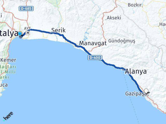 Antalya Gazipaşa Alanya Havalimanı Arası Kaç Km - Yol Haritası