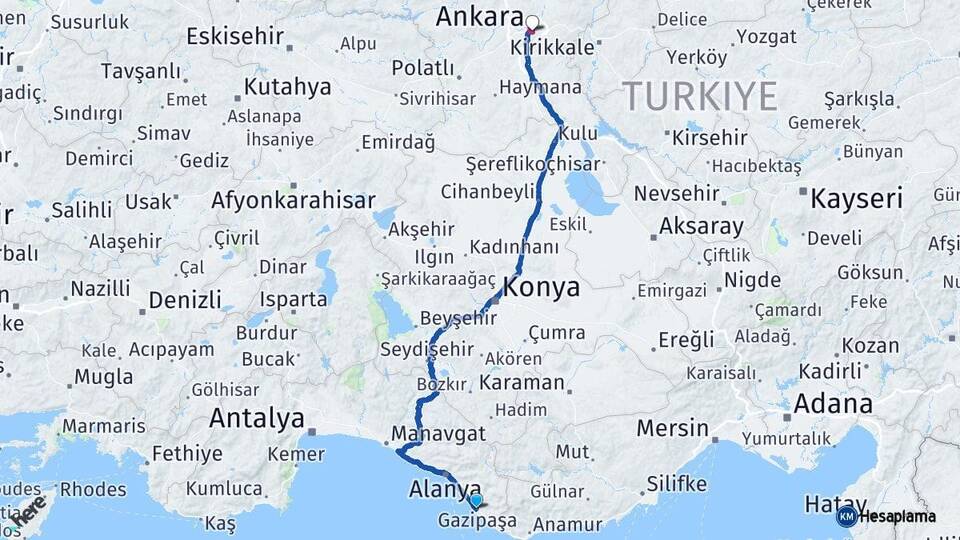 Antalya Gazipaşa Ankara Arası Kaç Km - Yol Haritası