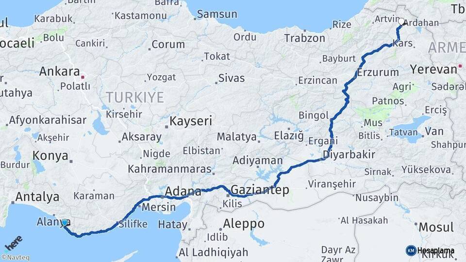 Antalya Gazipaşa Ardahan Arası Kaç Km - Yol Haritası
