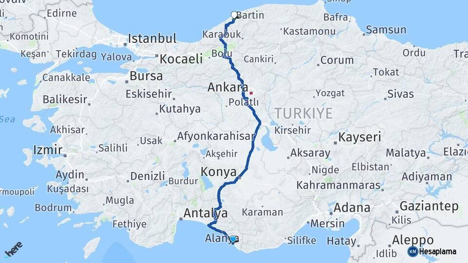 Antalya Gazipaşa Bartın Arası Kaç Km - Yol Haritası