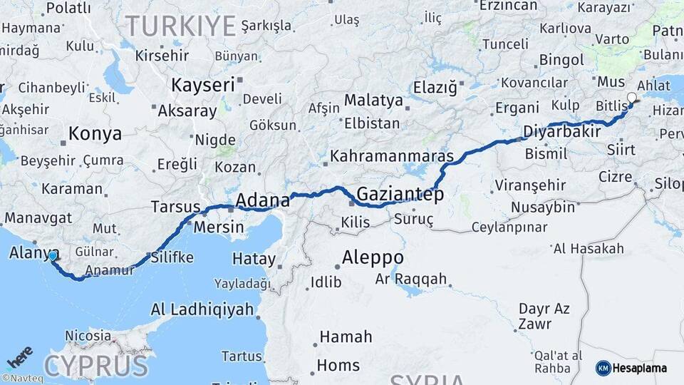 Antalya Gazipaşa Bitlis Arası Kaç Km - Yol Haritası
