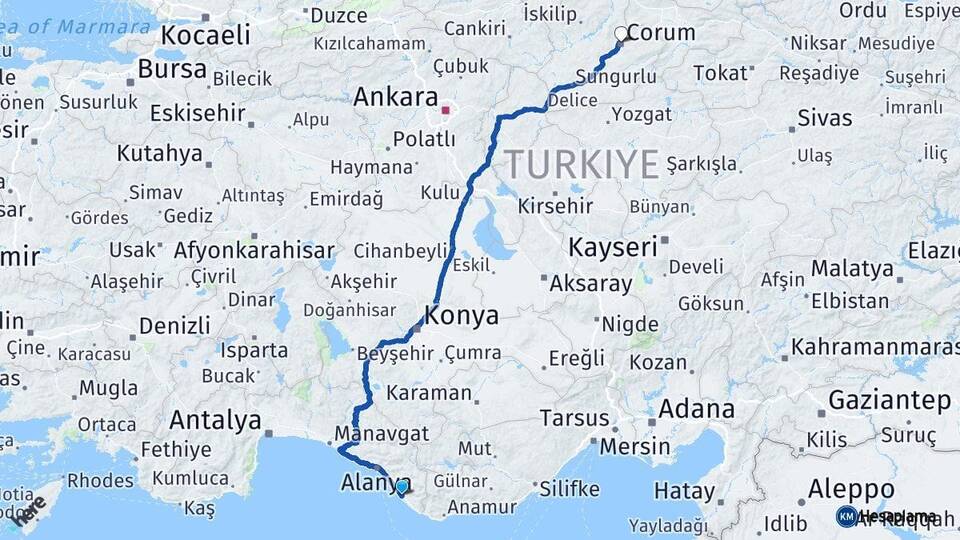 Antalya Gazipaşa Çorum Arası Kaç Km - Yol Haritası