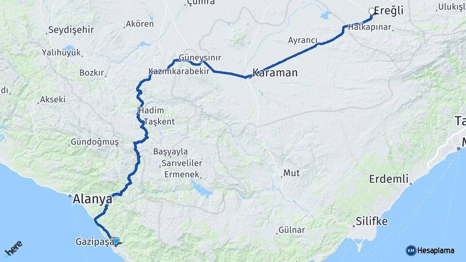 Antalya Gazipaşa Ereğli Konya Arası Kaç Km - Yol Haritası