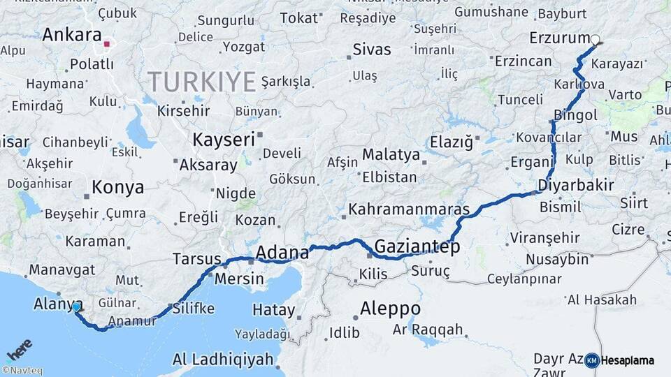 Antalya Gazipaşa Erzurum Arası Kaç Km - Yol Haritası