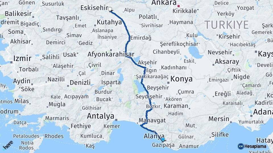Antalya Gazipaşa Eskişehir Arası Kaç Km - Yol Haritası