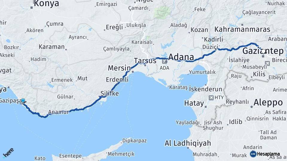 Antalya Gazipaşa Gaziantep Arası Kaç Km - Yol Haritası