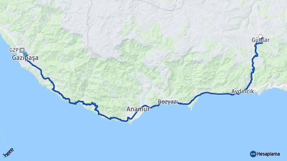 Antalya Gazipaşa Gülnar Mersin Arası Kaç Km - Yol Haritası