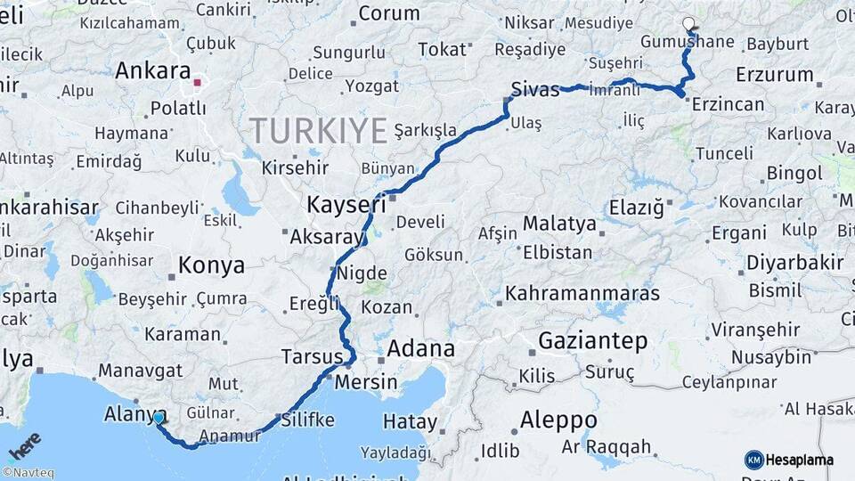 Antalya Gazipaşa Gümüşhane Arası Kaç Km - Yol Haritası