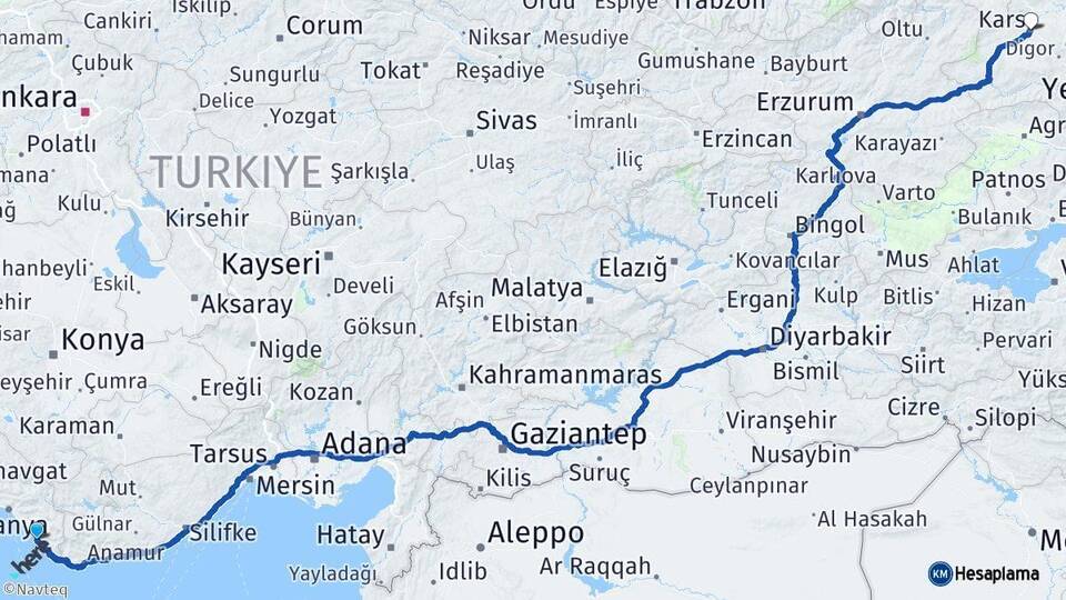 Antalya Gazipaşa Kars Arası Kaç Km - Yol Haritası