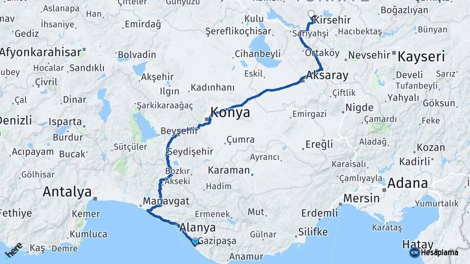 Antalya Gazipaşa Kırşehir Arası Kaç Km - Yol Haritası