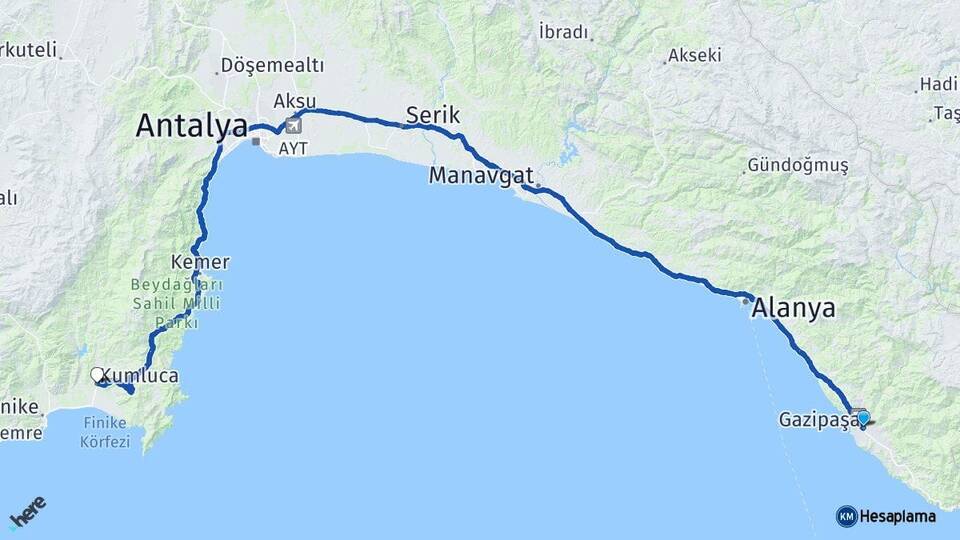 Antalya Gazipaşa Kumluca Arası Kaç Km - Yol Haritası