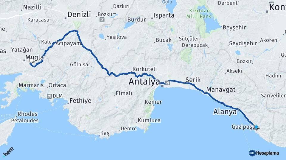 Antalya Gazipaşa Muğla Arası Kaç Km - Yol Haritası