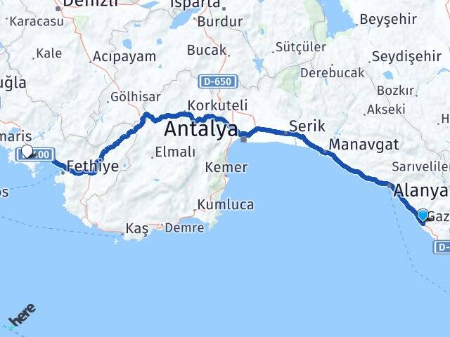 Antalya Gazipaşa Muğla Dalaman Havalimanı Arası Kaç Km - Yol Haritası