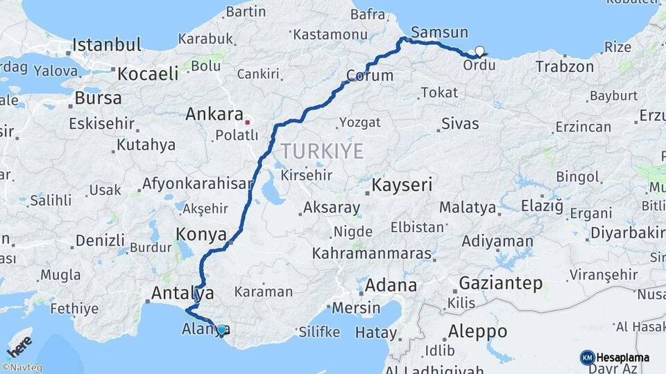 Antalya Gazipaşa Ordu Arası Kaç Km - Yol Haritası
