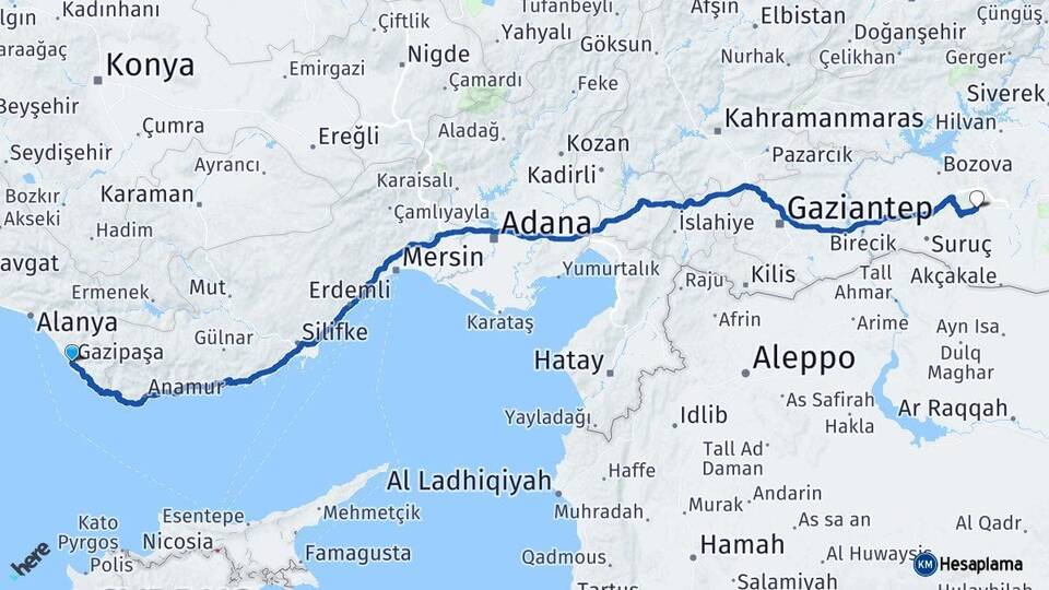 Antalya Gazipaşa Şanlıurfa Arası Kaç Km - Yol Haritası