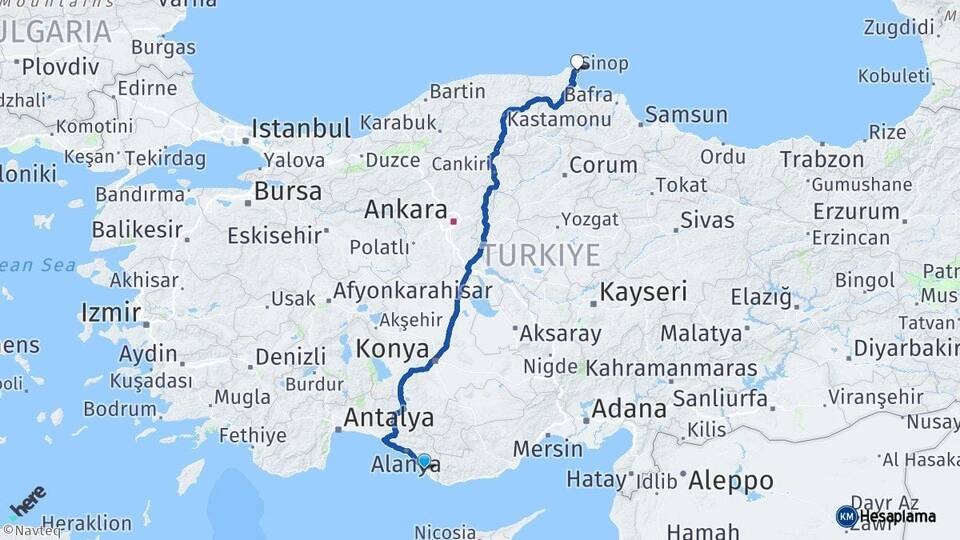 Antalya Gazipaşa Sinop Arası Kaç Km - Yol Haritası