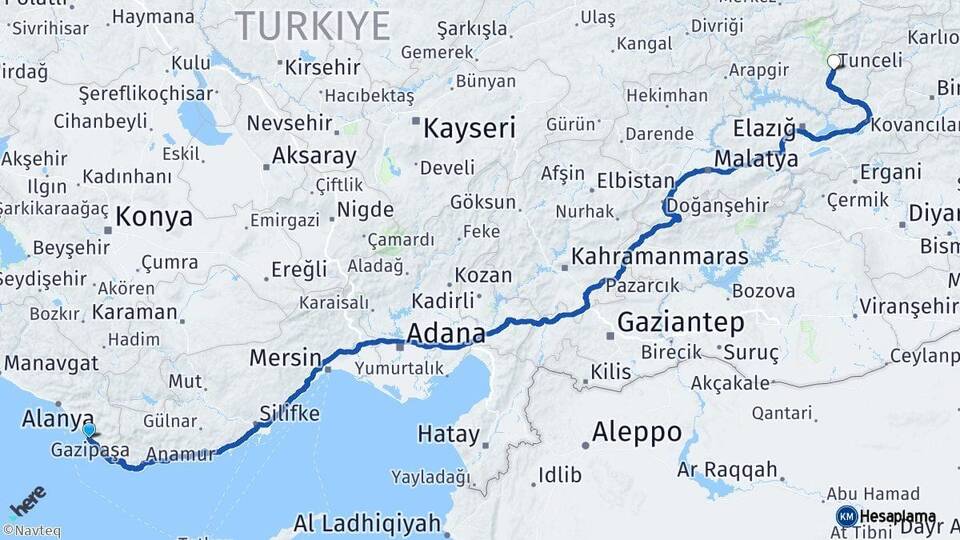 Antalya Gazipaşa Tunceli Arası Kaç Km - Yol Haritası