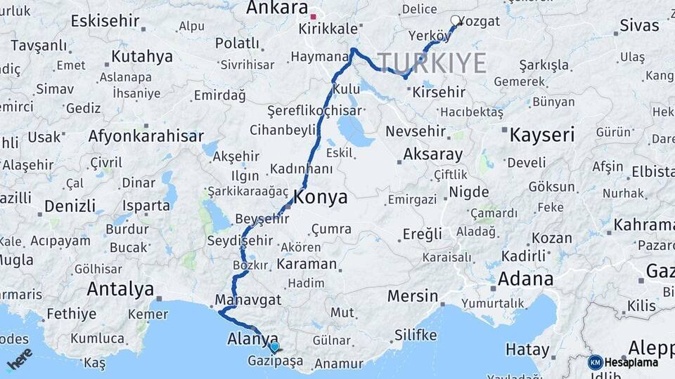 Antalya Gazipaşa Yozgat Arası Kaç Km - Yol Haritası