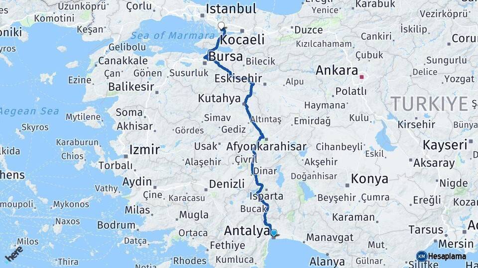 Antalya Gebze Kocaeli Arası Kaç Km - Yol Haritası